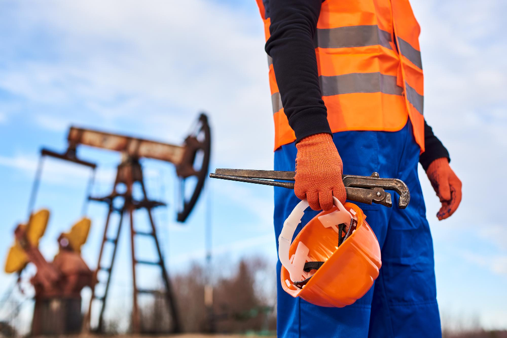 oil-worker-orange-uniform-helmet-background-pump-jack-blue-sky